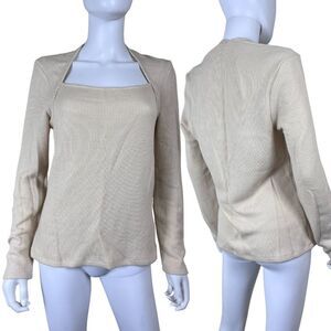 Anthropologie Women Size L Ivory Pullover Ribbed Knit Cotton NEW Top Sqaure Neck